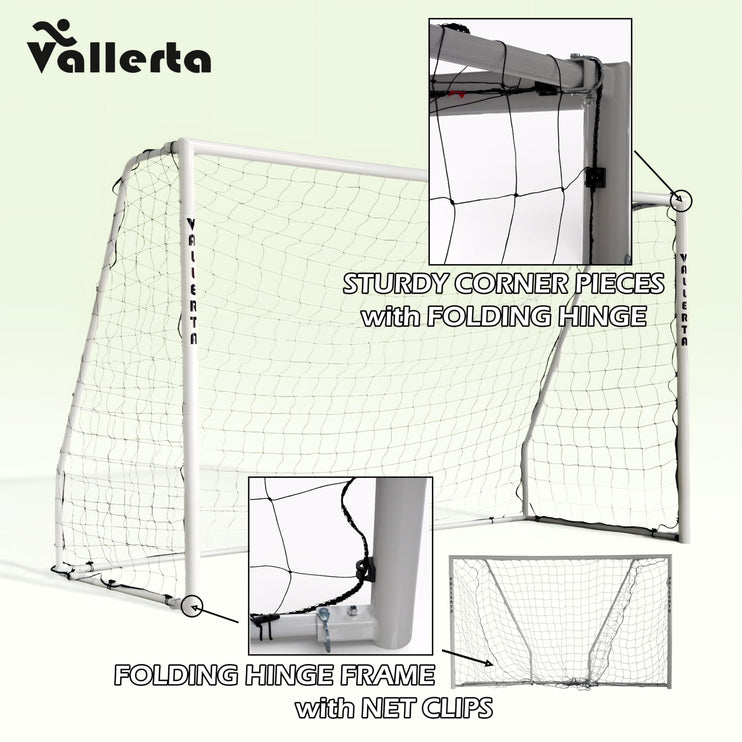 Vallerta - Folding Steel Soccer Goal, Flat Fold Frame, HDPE  Quick Clip Net, All Weather