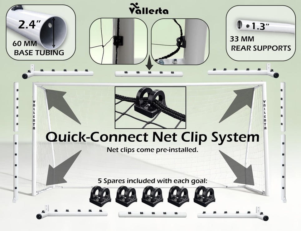 Vallerta - Folding Steel Soccer Goal, Flat Fold Frame, HDPE  Quick Clip Net, All Weather